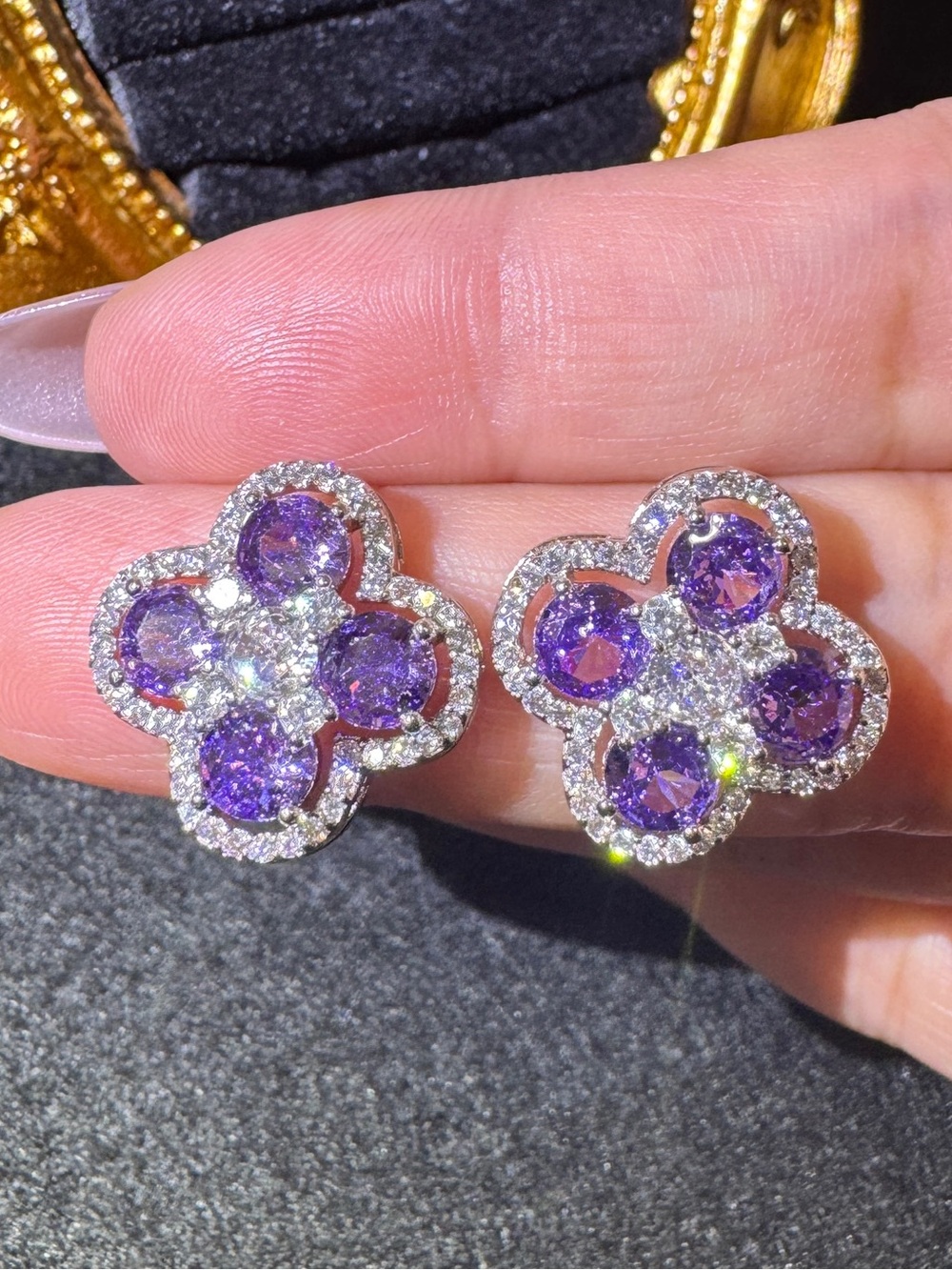 S925 Posts Purple CZ Clover Flower Stud Earrings